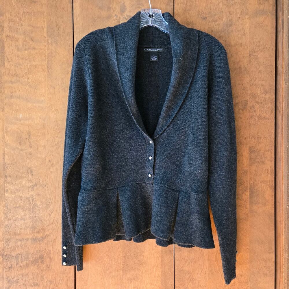 Elena Solano Merino Wool Peplum Waist Sweater Jacket Cardigan Large Black